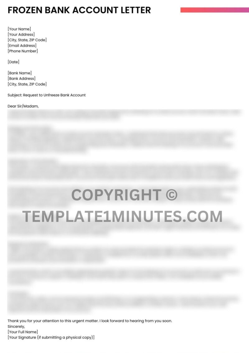 Printable Frozen Bank Account Letter